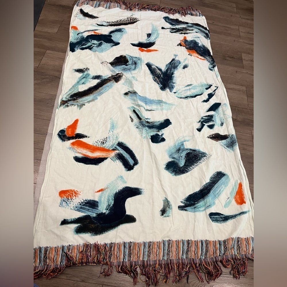 [37*72”]Parfois Abstract Patterned Fringe Cotton Scarf Shawl Waves Fringes Boho